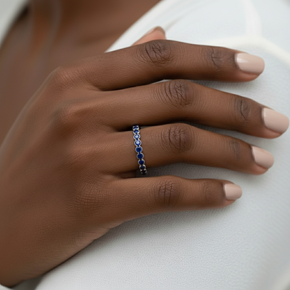 Blue Sapphire Circle Bezel set Wedding Band, Full eternity Ring, Round, 14k 18k White Yellow Rose Gold, Platinum, Custom, Anniversary Gift