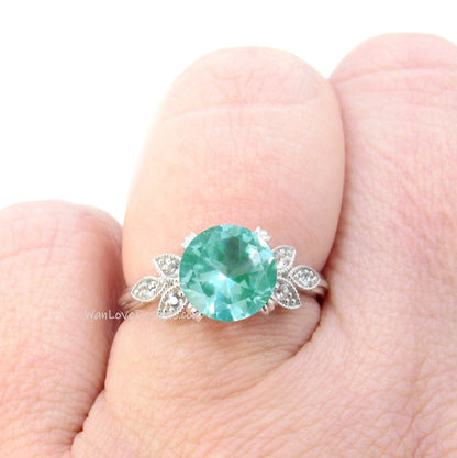 Caribbean Blue Green Teal Spinel Diamond Milgrain Leaf Engagement Ring,Antique Vintage Round,Custom,18k 14k Gold,Platinum, WanLoveDesigns Wan Love Designs