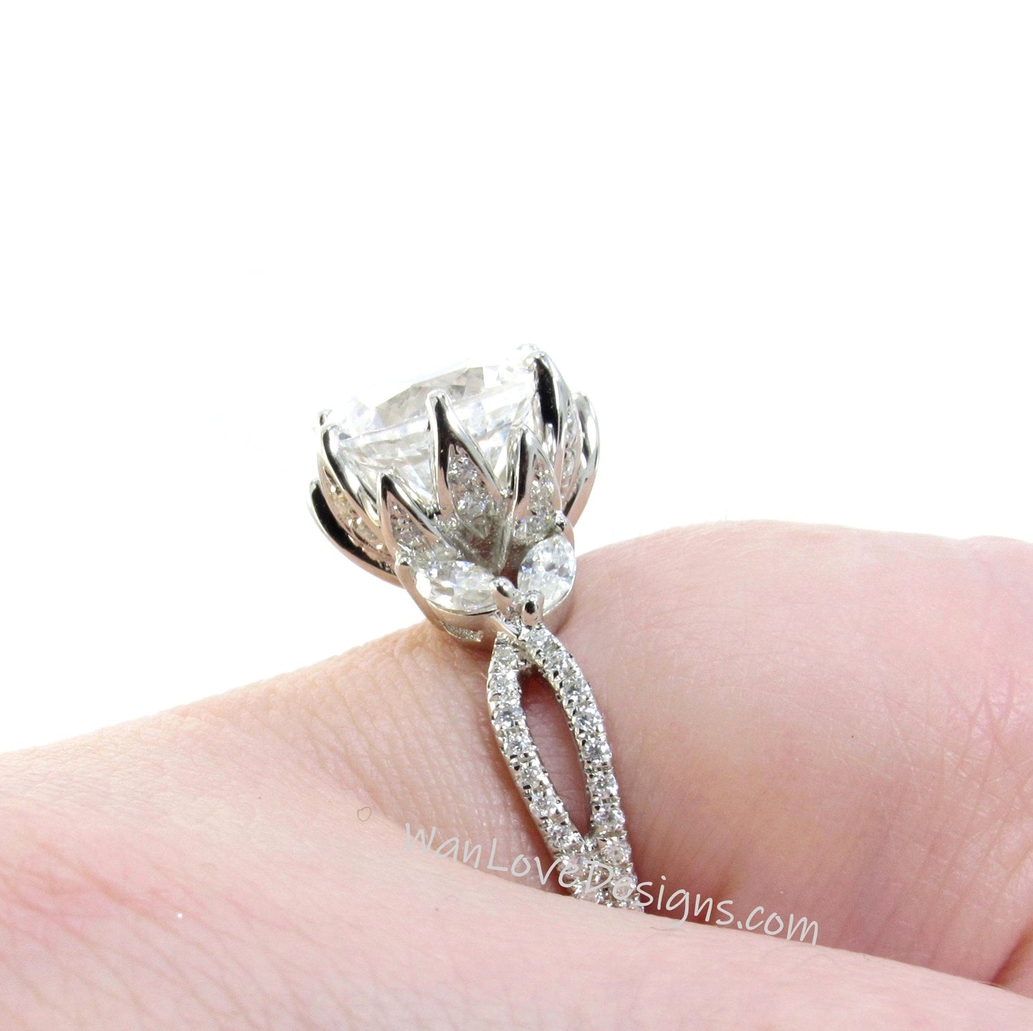 Caribbean Sea Spinel & Diamond Lotus Flower Engagement Ring Marquise Split Shank Round Custom Wedding Wan Love Designs