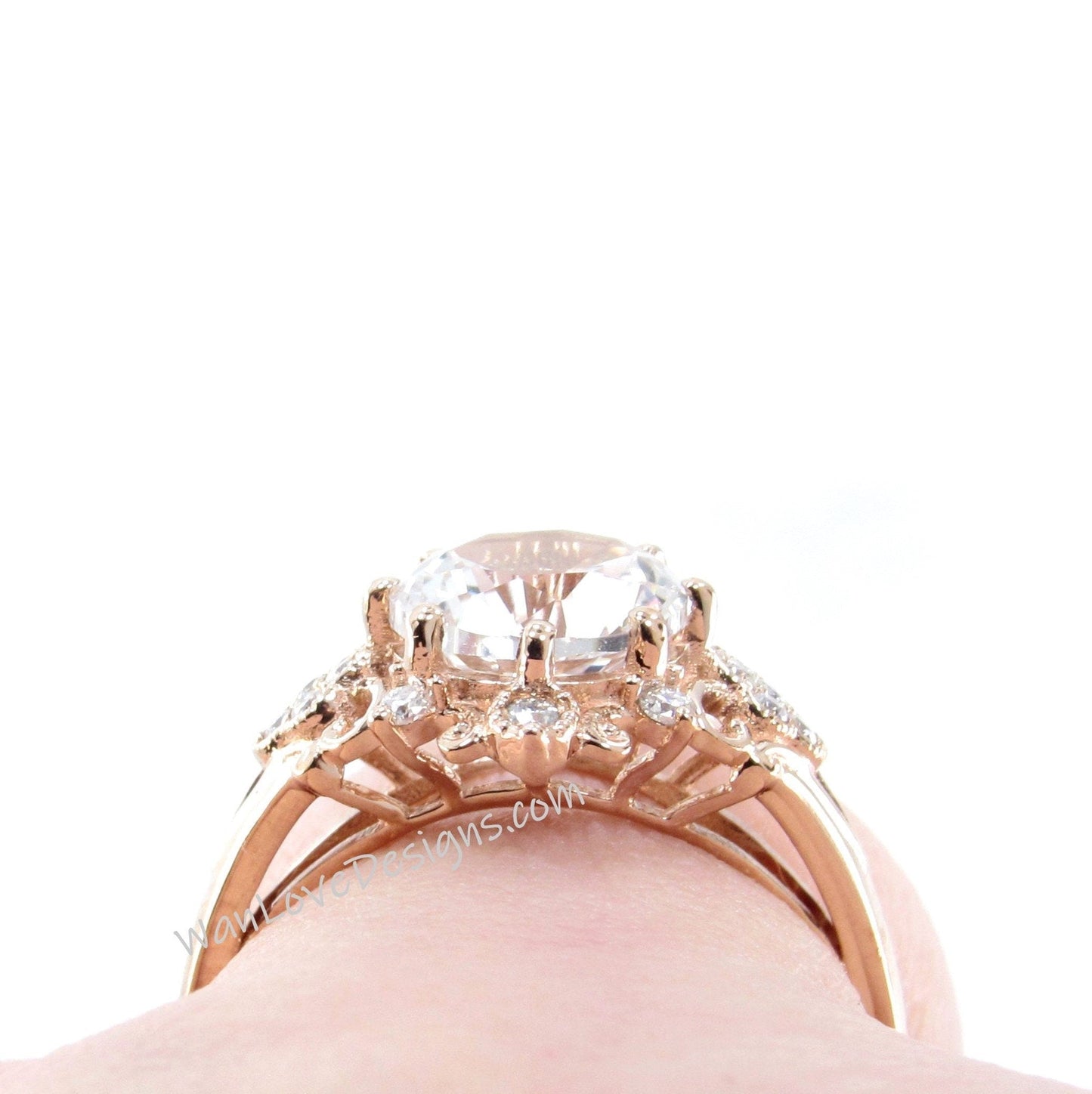 Caribbean Sea Spinel Moissanite Ornate Floral Quatrefoil Engagement Ring,Round,2ct-8mm-14k 18k White Yellow Rose gold-Platinum-Custom-Weding Wan Love Designs