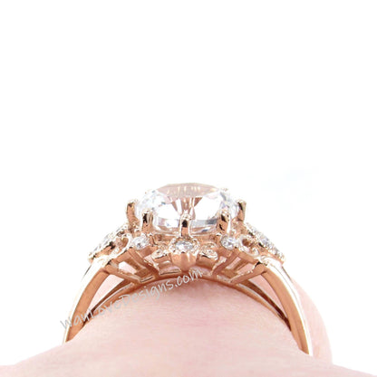 Caribbean Sea Spinel Moissanite Ornate Floral Quatrefoil Engagement Ring,Round,2ct-8mm-14k 18k White Yellow Rose gold-Platinum-Custom-Weding Wan Love Designs