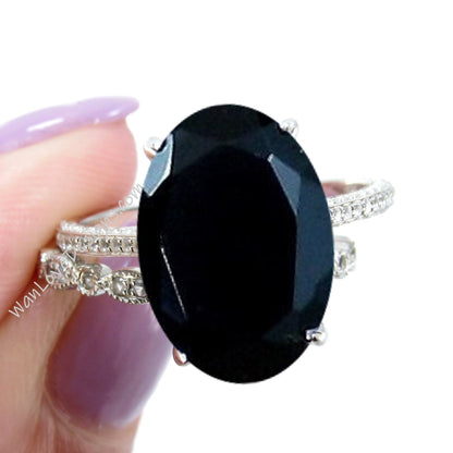 Celebrity Black Spinel engagement ring set white gold Vintage Diamond wedding ring 9ct antique side halo bridal set Promise Anniversary gift Wan Love Designs