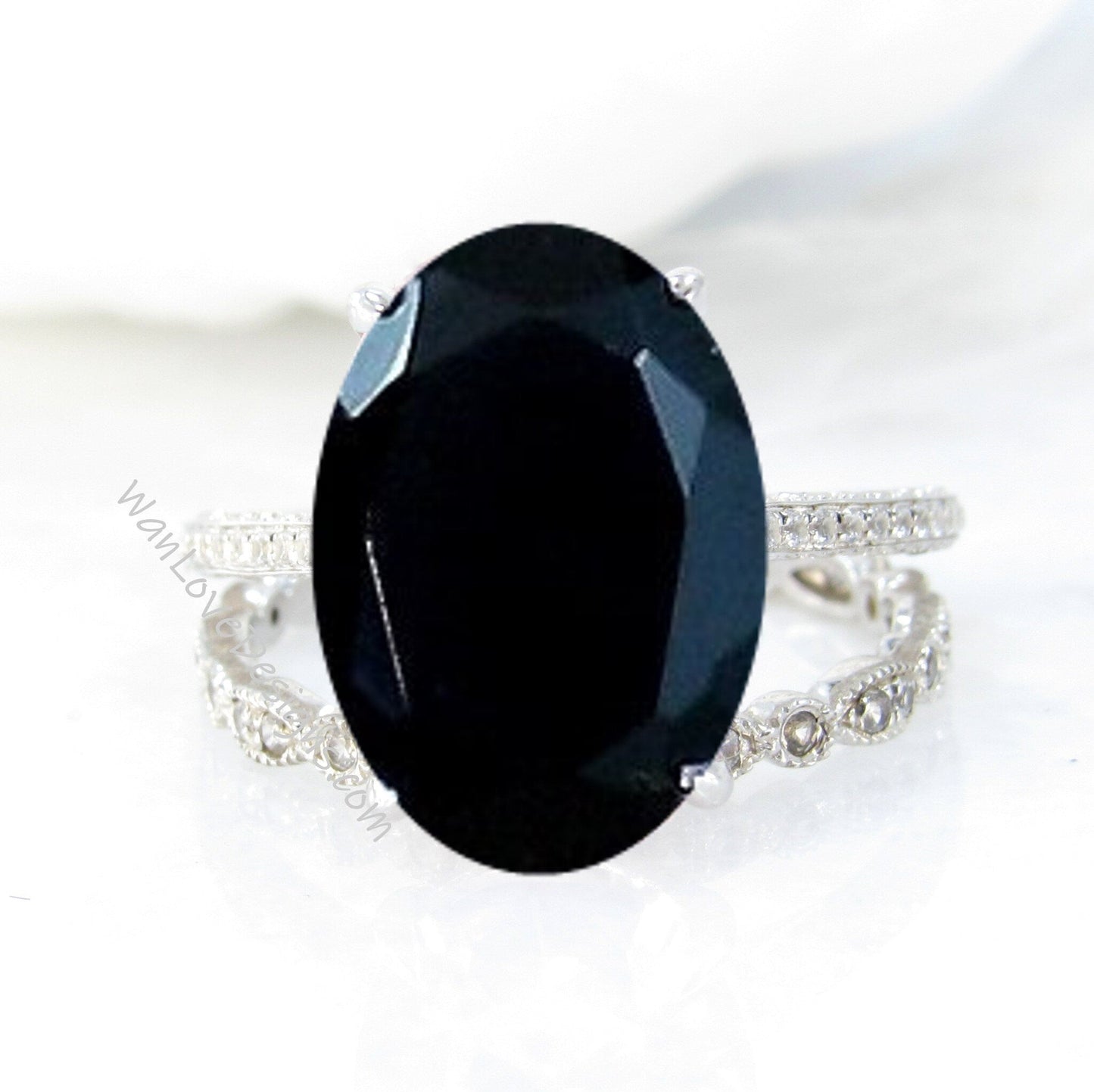 Celebrity Black Spinel engagement ring set white gold Vintage Diamond wedding ring 9ct antique side halo bridal set Promise Anniversary gift Wan Love Designs