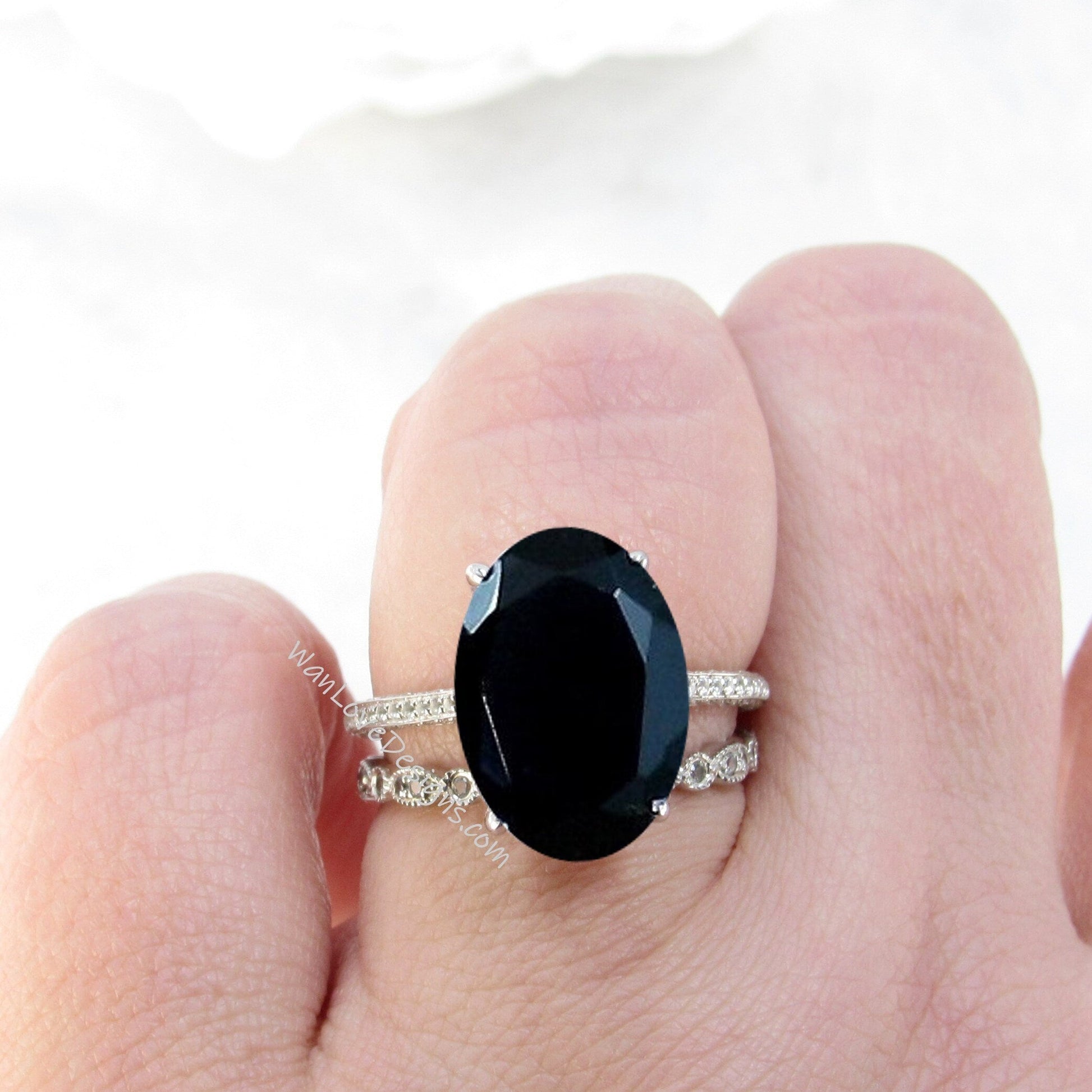 Celebrity Black Spinel engagement ring set white gold Vintage Diamond wedding ring 9ct antique side halo bridal set Promise Anniversary gift Wan Love Designs