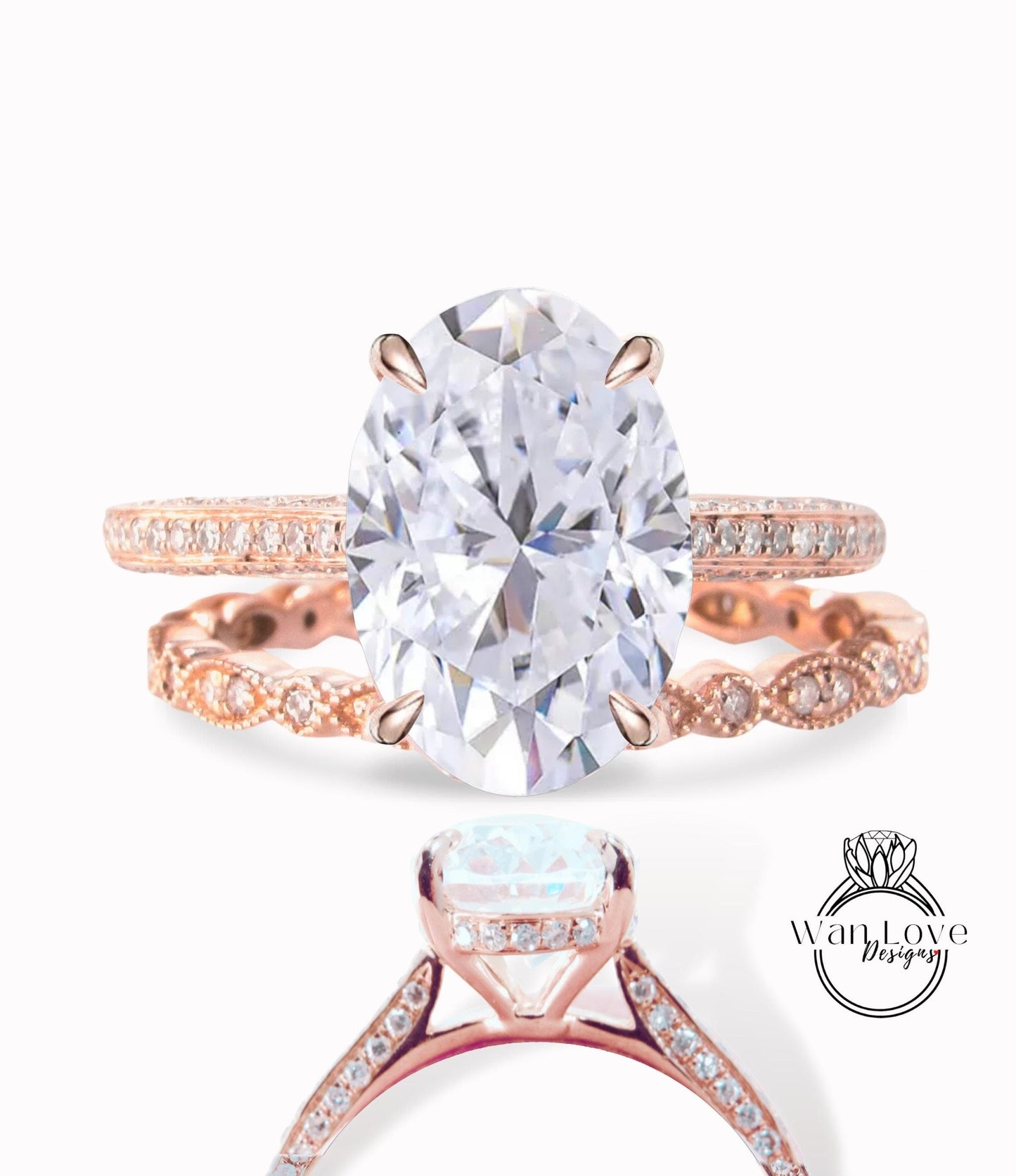 Celebrity Moissanite Oval & Diamond Oval engagement ring set Art deco milgrain bridal set rose gold Oval cut diamond side halo antique wedding ring Anniversary ring Wan Love Designs