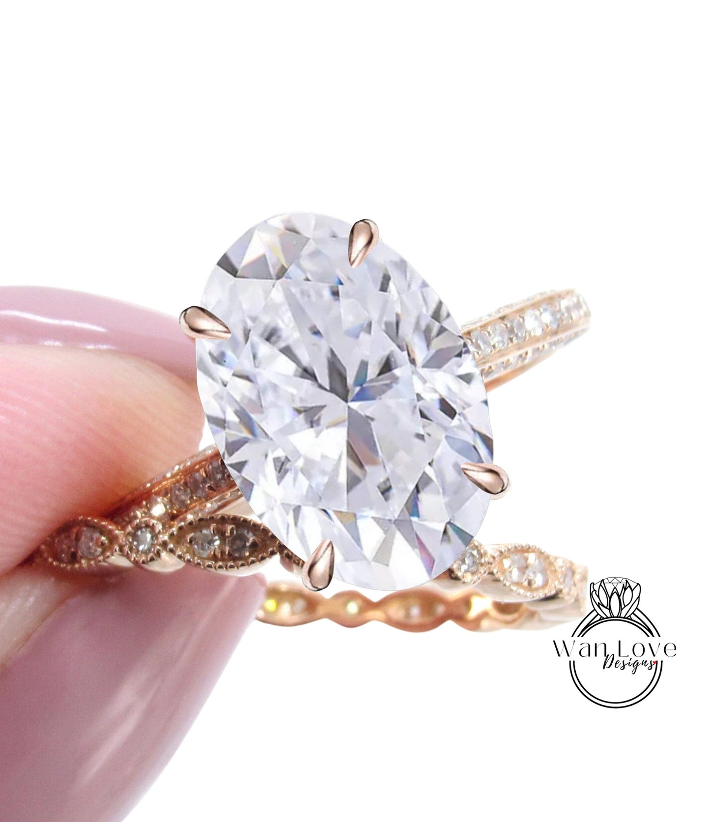 Celebrity Moissanite Oval & Diamond Oval engagement ring set Art deco milgrain bridal set rose gold Oval cut diamond side halo antique wedding ring Anniversary ring Wan Love Designs