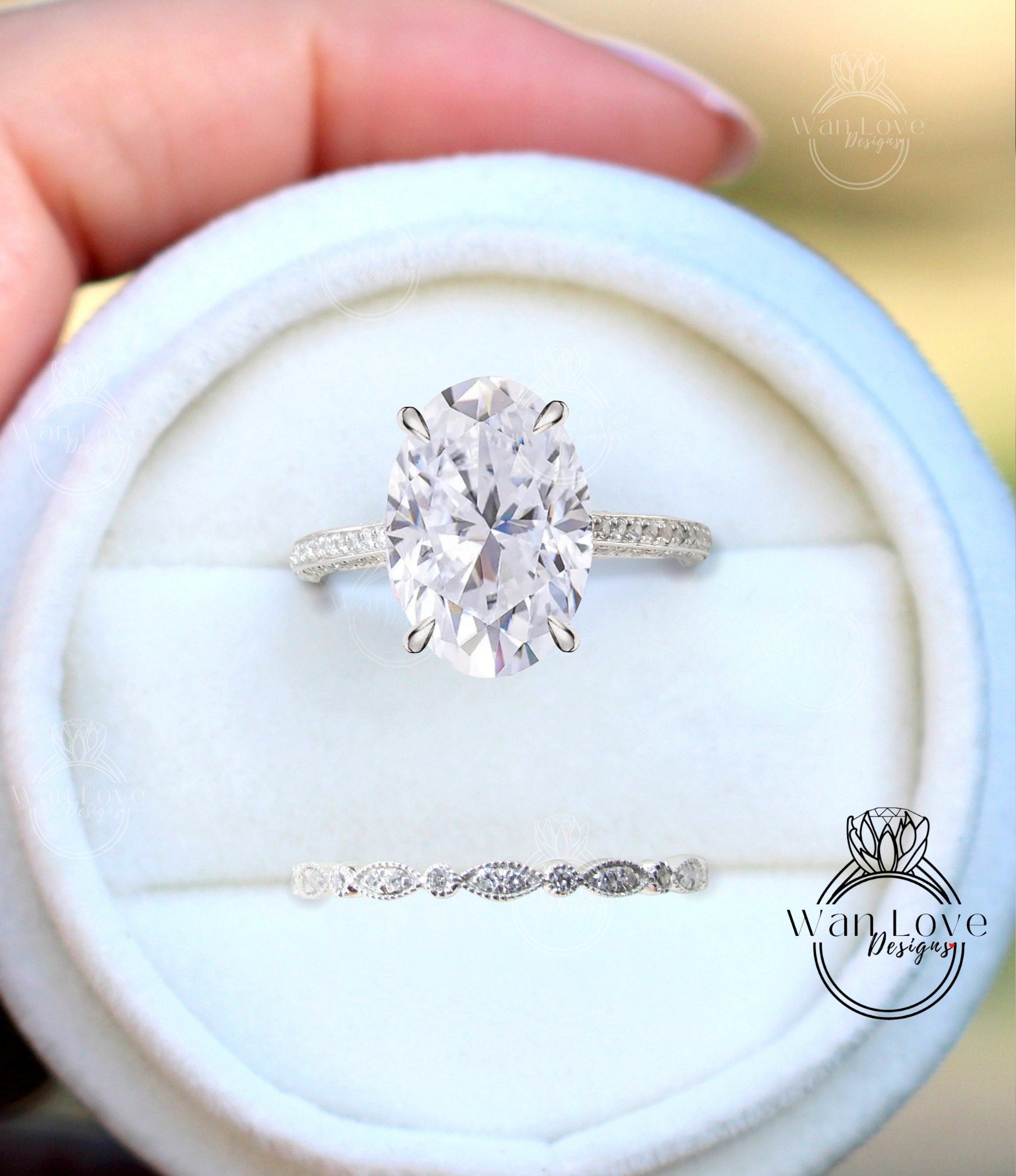 Celebrity Moissanite Oval & Diamond Oval engagement ring set Art deco milgrain bridal set rose gold Oval cut diamond side halo antique wedding ring Anniversary ring Wan Love Designs