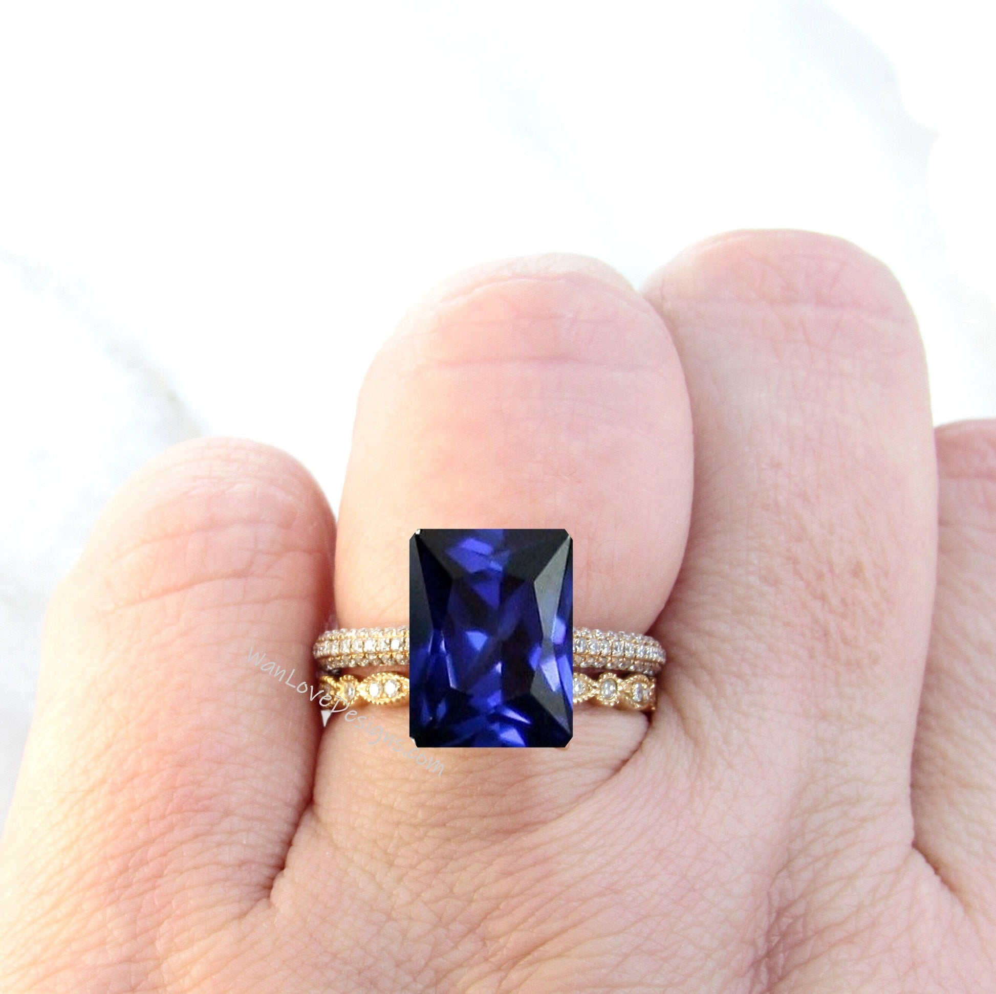 Celebrity Ring-Blue Sapphire & Diamond Emerald Radiant Engagement Ring Set-Full Eternity Leaf Milgrain Wedding Band-Side Hidden Halo-Custom Wan Love Designs