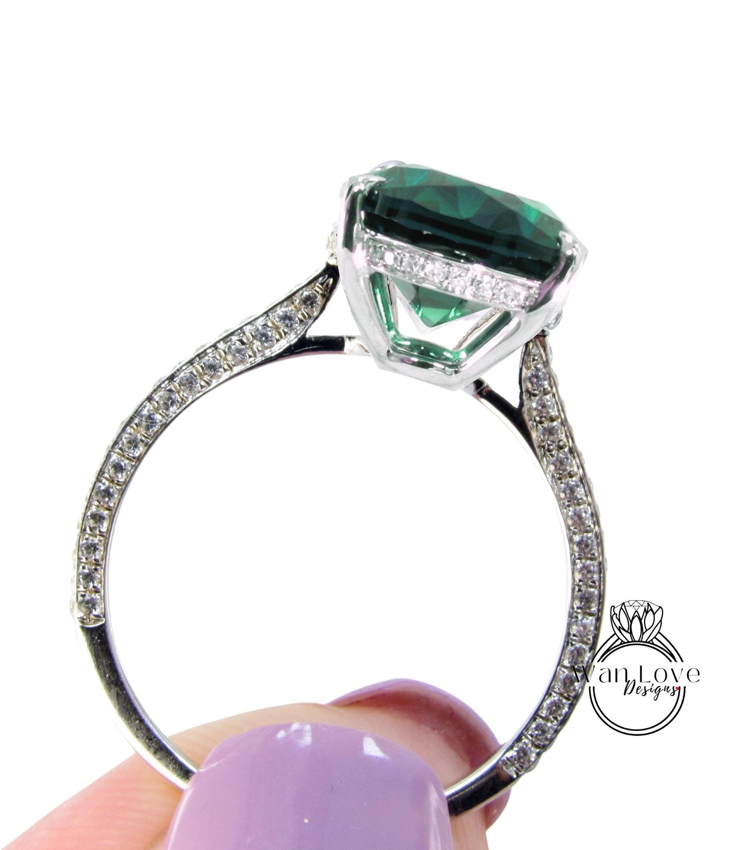 Celebrity style engagement ring 9ct Oval Emerald hidden halo rose gold almost eternity band black diamond bridal ring Promise Anniversary Wan Love Designs
