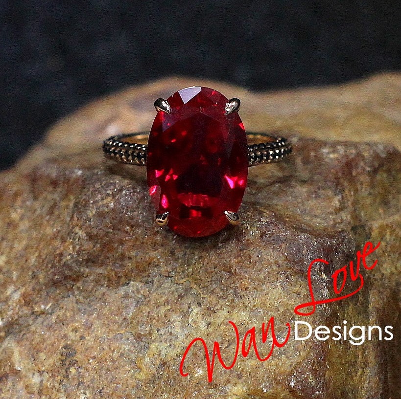 Celebrity style engagement ring 9ct Oval Ruby hidden halo ring 14k gold almost eternity band black diamond bridal ring Promise Anniversary Wan Love Designs