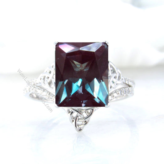 Celtic Alexandrite & Diamond Bridal Engagement Rings Curved V Chevron Wedding Band Set, 14k 18k platinum, Anniversary Ring by WanLoveDesigns Wan Love Designs