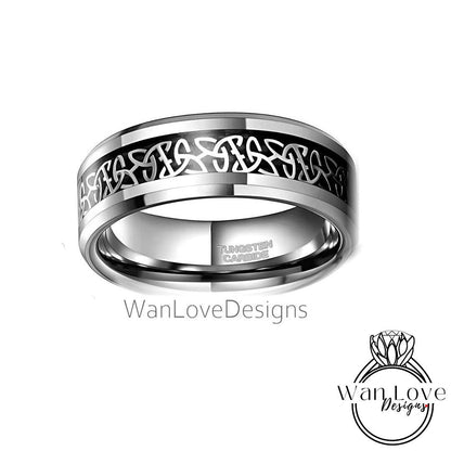 Celtic Black Tungsten Ring - Silver Black Tungsten Ring - 8mm Celtic Knot Band - Celtic Tungsten Band - Celtic Wedding Bands - Mans Band Wan Love Designs