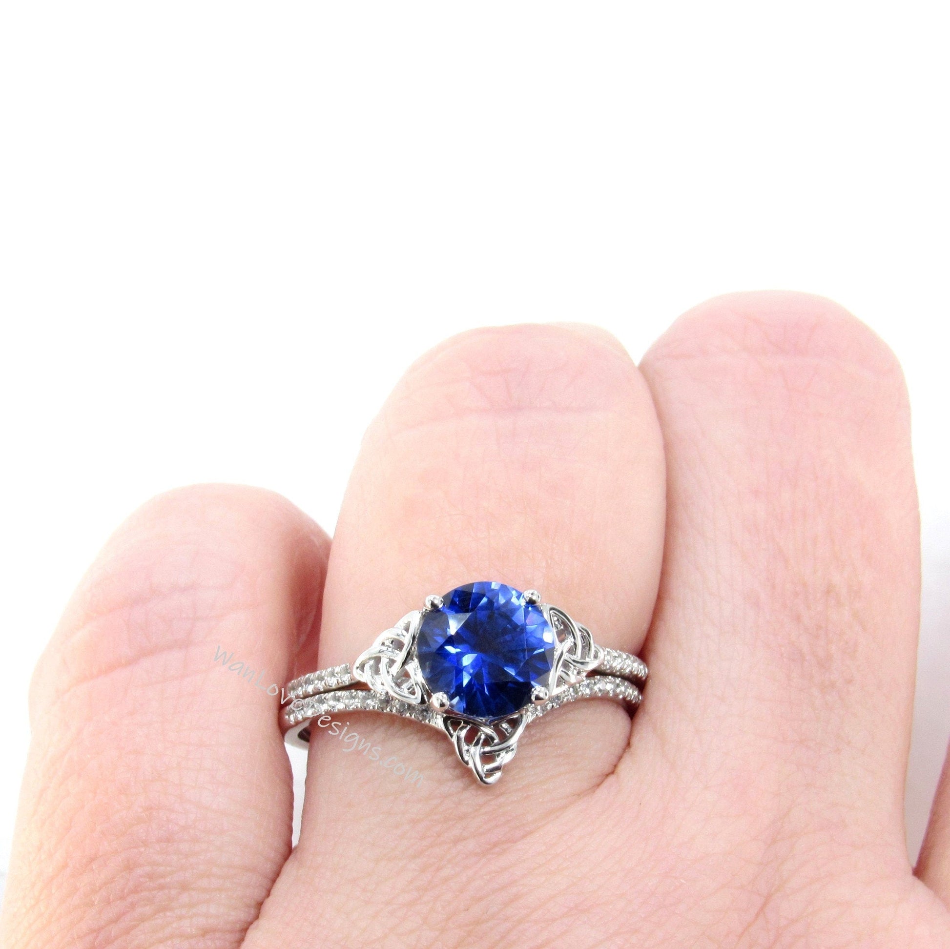 Celtic Blue Sapphire Bridal Rings Set, Celtic Diamond Rings, Round Engagement Ring,Diamond Wedding Band,Anniversary Ring by WanLoveDesigns Wan Love Designs