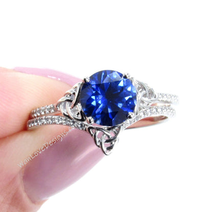 Celtic Blue Sapphire Bridal Rings Set, Celtic Diamond Rings, Round Engagement Ring,Diamond Wedding Band,Anniversary Ring by WanLoveDesigns Wan Love Designs