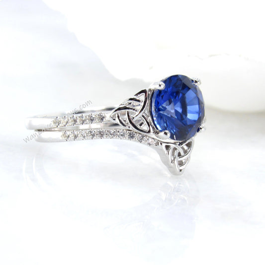 Celtic Blue Sapphire Bridal Rings Set, Celtic Diamond Rings, Round Engagement Ring,Diamond Wedding Band,Anniversary Ring by WanLoveDesigns Wan Love Designs