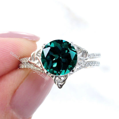 Celtic Emerald Bridal Rings Set, Celtic Diamond Rings, Green Emerald Engagement Ring,Diamond Wedding Band,Anniversary Ring by WanLoveDesigns Wan Love Designs