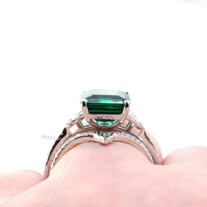 Celtic Emerald & Diamond Bridal Engagement Ring Curved V Chevron Wedding Band Set, 14k 18k Platinum, Anniversary Ring WanLoveDesigns Wan Love Designs