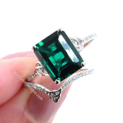 Celtic Emerald & Diamond Bridal Engagement Ring Curved V Chevron Wedding Band Set, 14k 18k Platinum, Anniversary Ring WanLoveDesigns Wan Love Designs