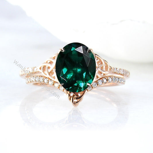 Celtic Emerald & Diamond Oval Bridal Engagement Ring Curved V Chevron Wedding Band Set, 14k 18k Platinum, Anniversary Gift WanLoveDesigns Wan Love Designs