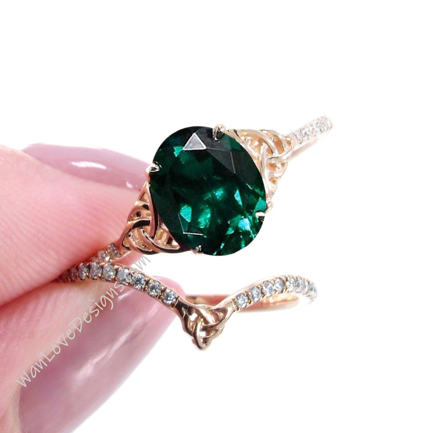 Celtic Emerald & Diamond Oval Bridal Engagement Ring Curved V Chevron Wedding Band Set, 14k 18k Platinum, Anniversary Gift WanLoveDesigns Wan Love Designs