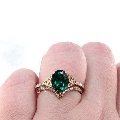 Celtic Emerald & Diamond Oval Bridal Engagement Ring Curved V Chevron Wedding Band Set, 14k 18k Platinum, Anniversary Gift WanLoveDesigns Wan Love Designs