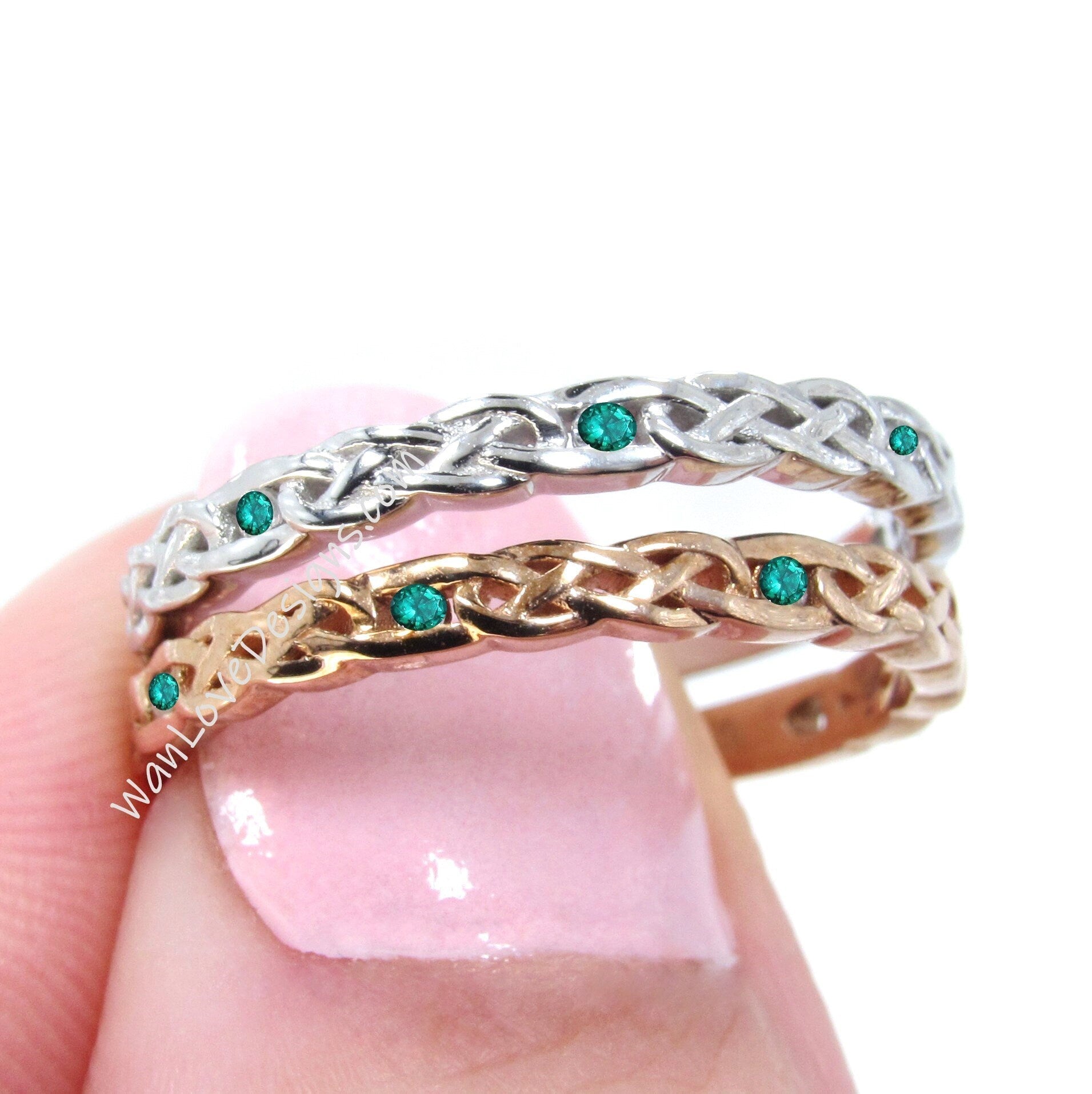 Celtic Knot 14k Gold Rings/ Celtic Emerald Braided Wedding Band/ Matching Band/ Stacking Ring/ Promise Ring/ Almost Eternity Birthstone Band Wan Love Designs