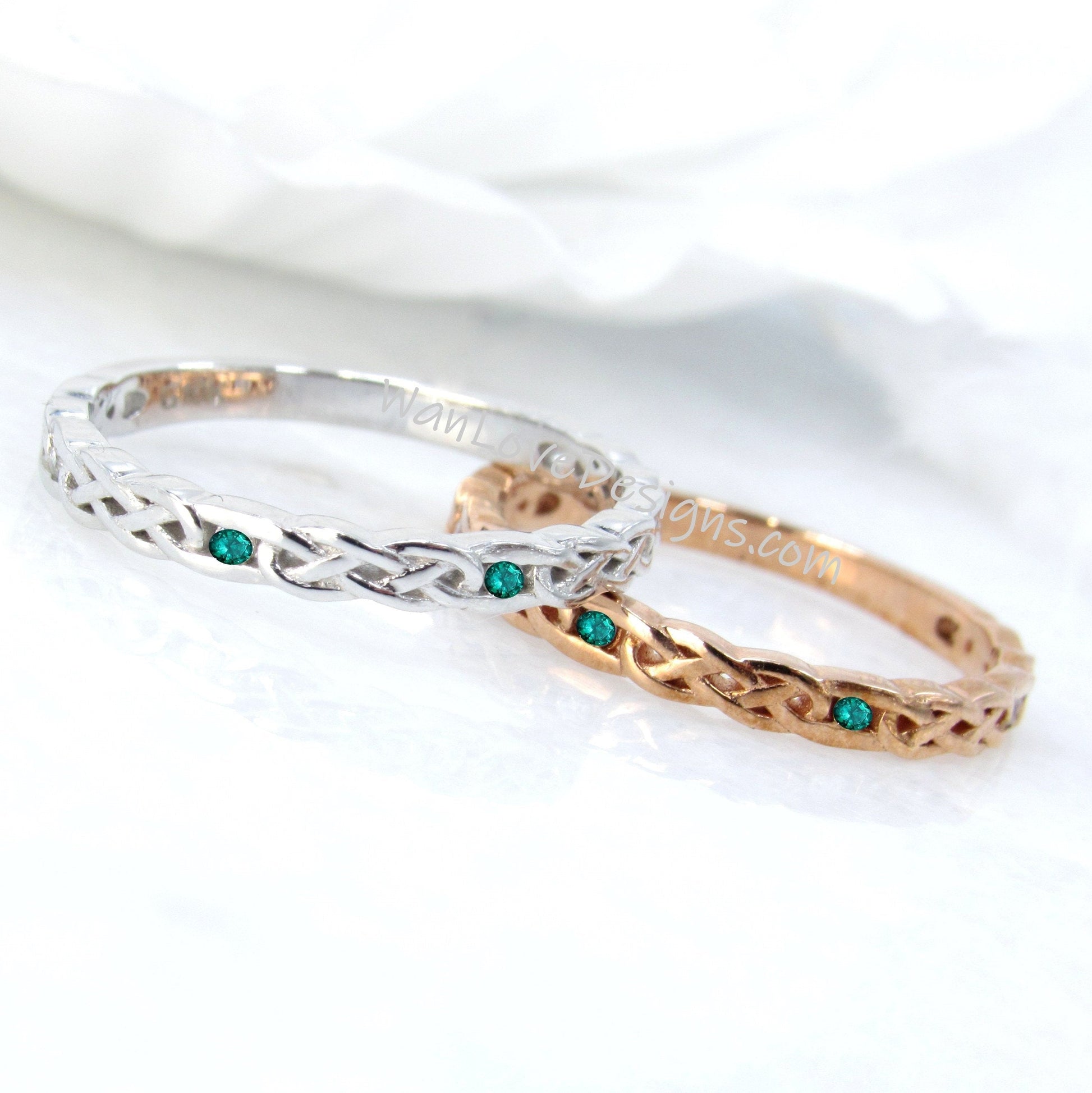 Celtic Knot 14k Gold Rings/ Celtic Emerald Braided Wedding Band/ Matching Band/ Stacking Ring/ Promise Ring/ Almost Eternity Birthstone Band Wan Love Designs