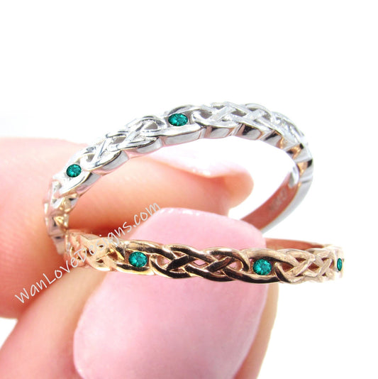 Celtic Knot 14k Gold Rings/ Celtic Emerald Braided Wedding Band/ Matching Band/ Stacking Ring/ Promise Ring/ Almost Eternity Birthstone Band Wan Love Designs