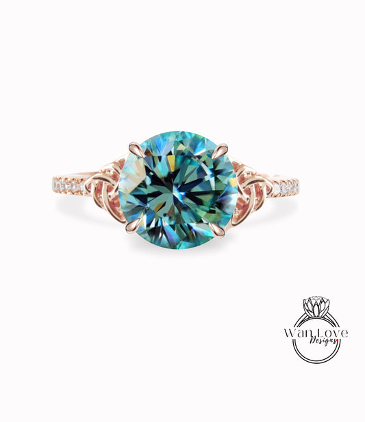 Celtic Knot Blue Moissanite Diamond round Engagement Ring Celtic Moissanite diamond half eternity ring Bridal Anniversary promise Ring gift Wan Love Designs
