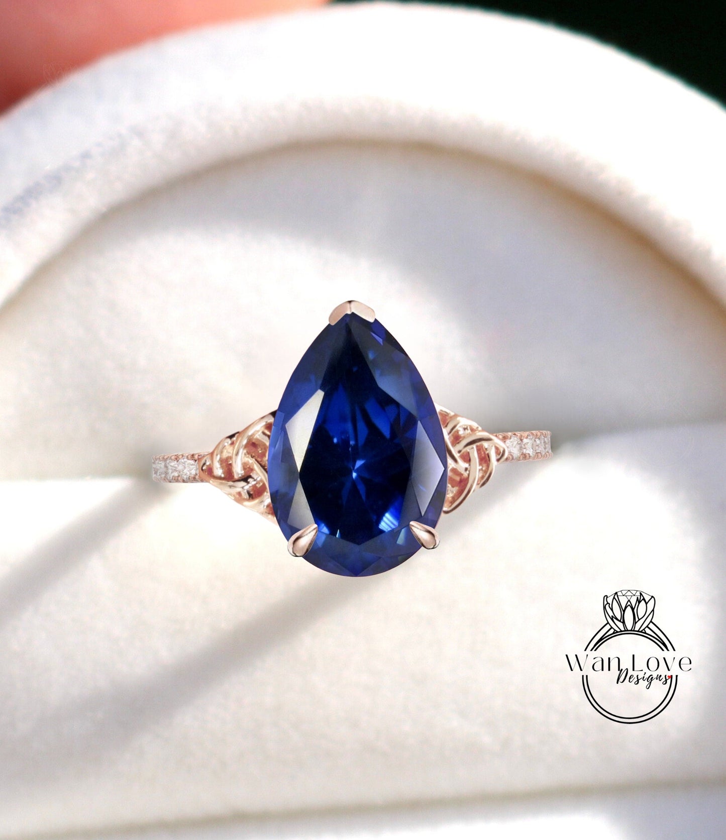 Celtic Knot Blue Sapphire Pear Engagement Ring 14K white gold diamond half eternity engagement ring wedding Bridal Anniversary Promise ring Wan Love Designs