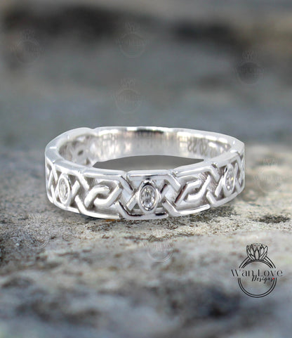Celtic Knot Diamond Mens Wedding Band, Celtic Pattern Band, 14k White Gold Braided Ring, Mens Promise Band, Mans Birthstone Commitment Band Wan Love Designs