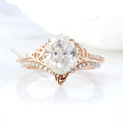 Celtic Knot Diamond Oval Engagement Ring Curved Nesting V Chevron Wedding Band Set, IGI HPHT CVD Lab Diamonds Custom, 14k 18k Gold, Platinum Wan Love Designs