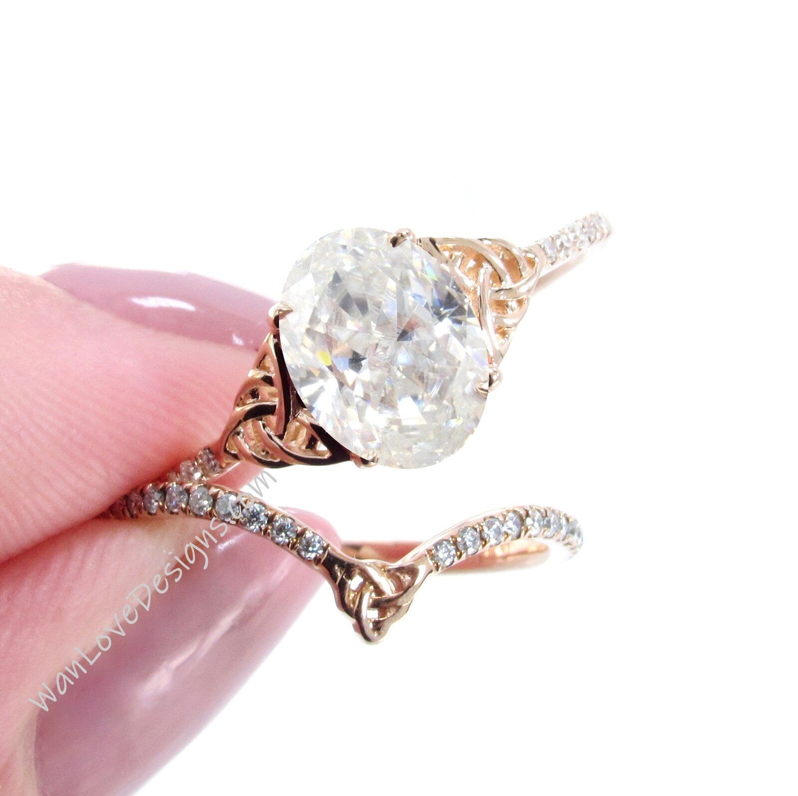 Celtic Knot Moissanite & Diamond Oval Engagement Ring Curved Nesting V Chevron Wedding Band Set, Custom, 14k 18k Gold, Platinum Wan Love Designs