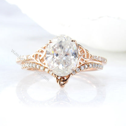 Celtic Knot Moissanite & Diamond Oval Engagement Ring Curved Nesting V Chevron Wedding Band Set, Custom, 14k 18k Gold, Platinum Wan Love Designs