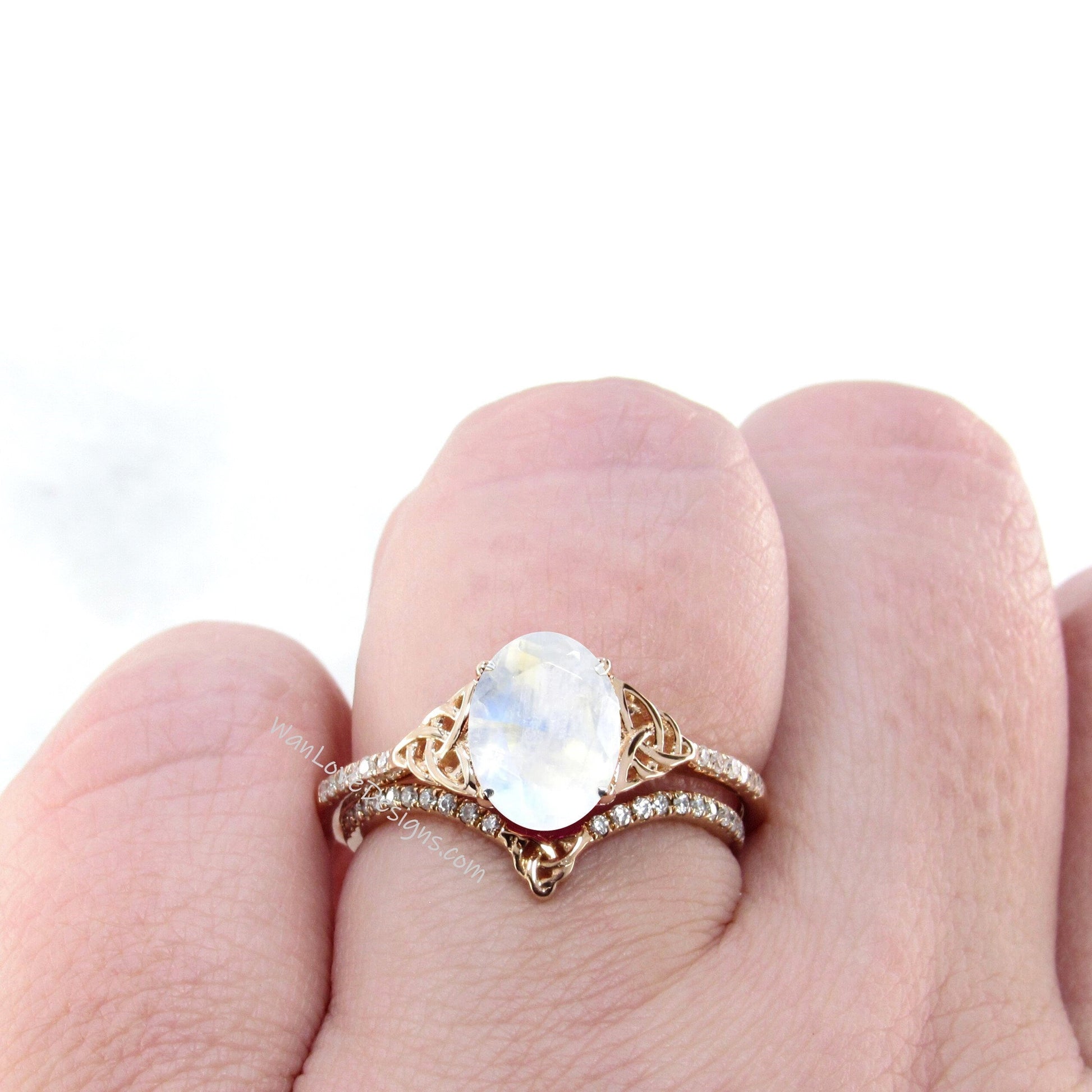 Celtic Moonstone & Diamond Oval Bridal Engagement Ring Curved V Chevron Wedding Band Set, 14k 18k Platinum, Anniversary Gift WanLoveDesigns Wan Love Designs
