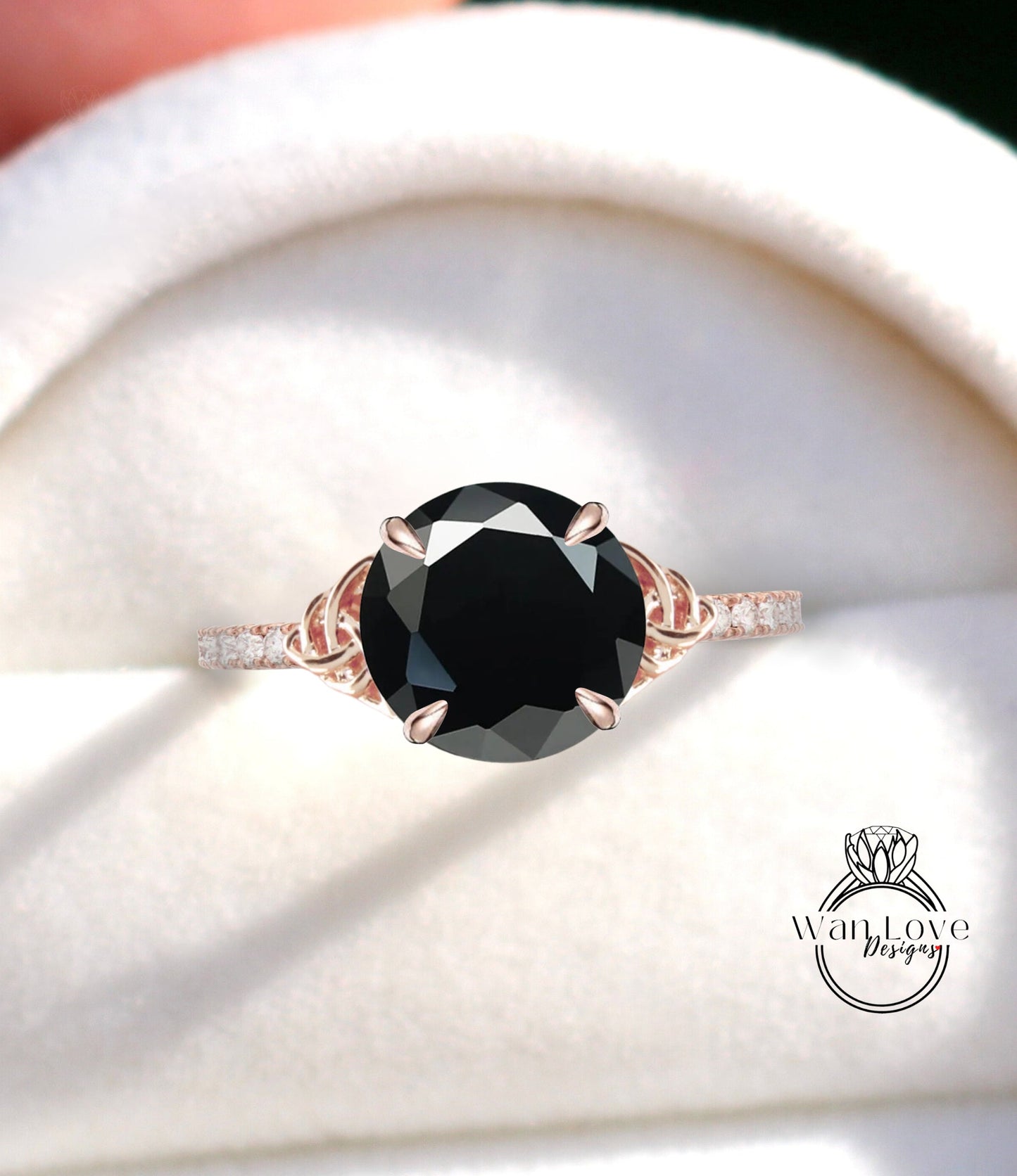 Celtic Round Black Spinel engagement ring white gold half eternity band Celtic diamond wedding bridal ring Unique Anniversary Promise ring Wan Love Designs