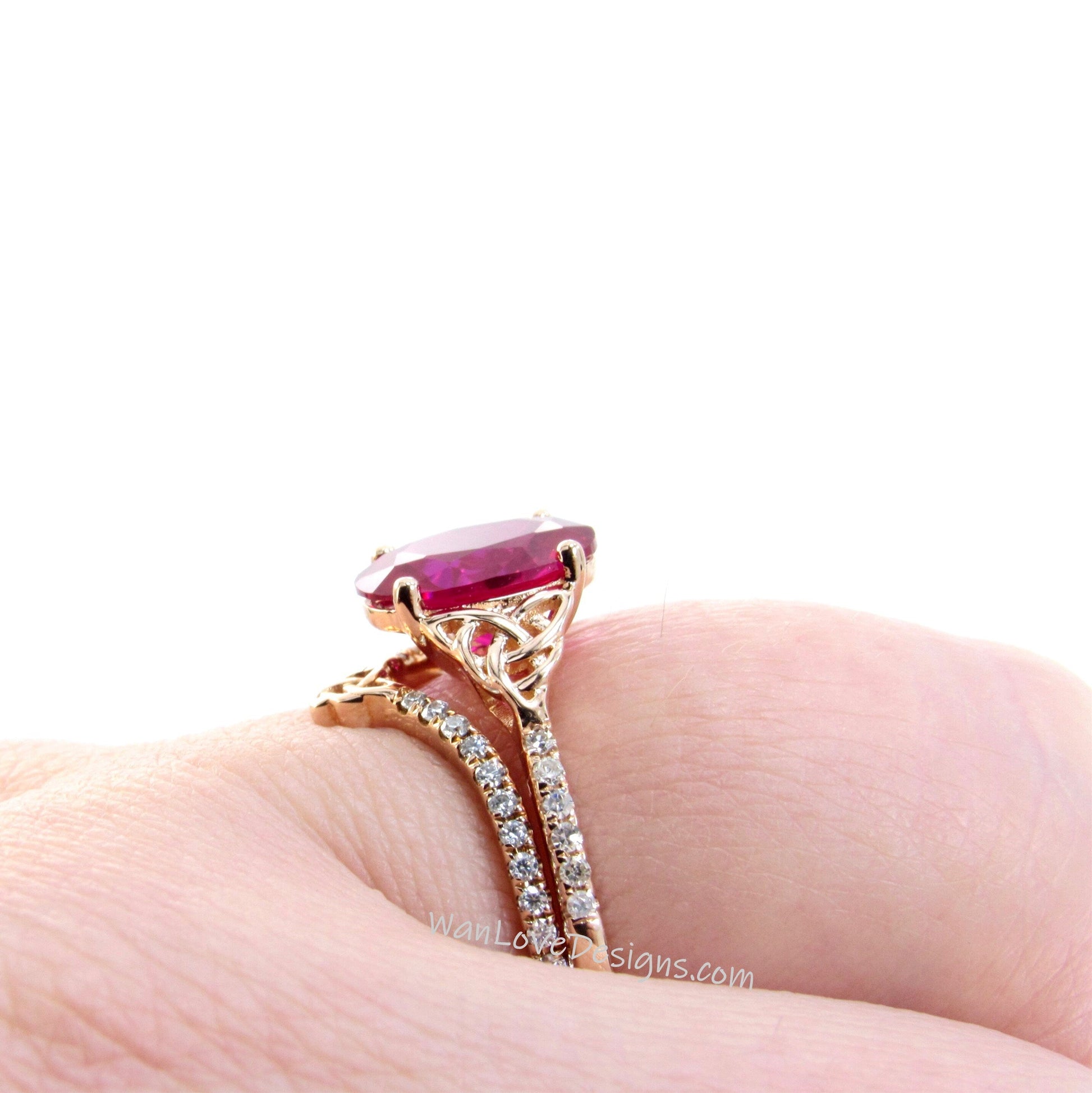 Celtic Ruby & Diamond Oval Bridal Engagement Ring Curved V Chevron Wedding Band Set, 14k 18k Platinum, Anniversar Gift WanLoveDesigns Wan Love Designs