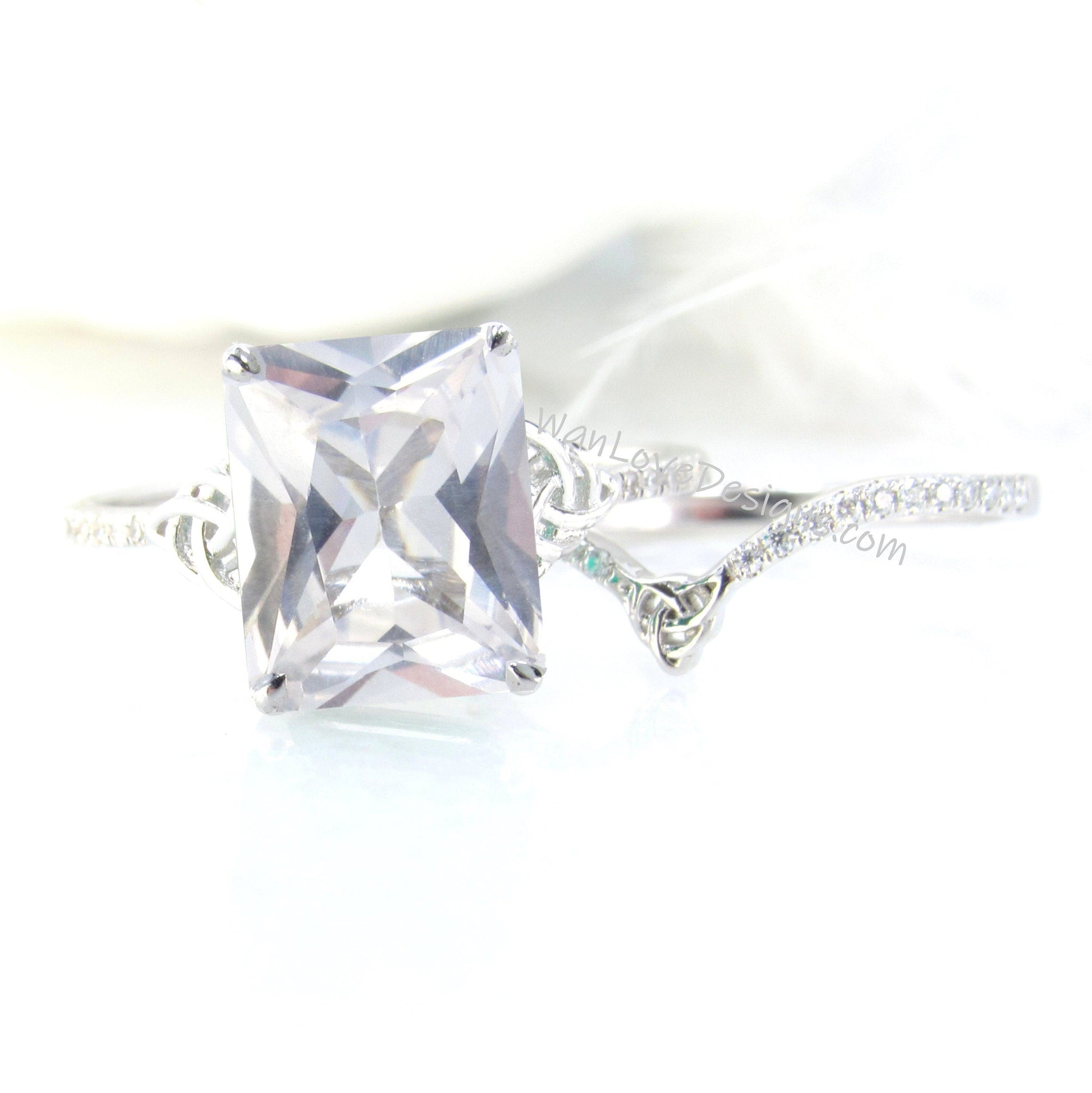 Celtic White Sapphire & Diamond Bridal Engagement Ring Curved V Chevron Wedding Band Set, 14k 18k Platinum, Anniversary Ring WanLoveDesigns Wan Love Designs