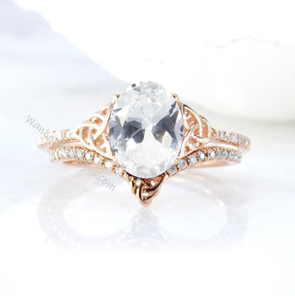 Celtic White Sapphire & Diamond Oval Bridal Engagement Ring Curved V Chevron Wedding Band Set, 14k 18k Platinum, Anniversary WanLoveDesigns Wan Love Designs