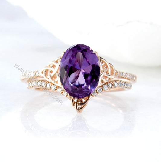 Celtic knot Purple Alexandrite Sapphire Bridal Ring Set Celtic Diamond Ring Oval Engagement Ring Curved Diamond Wedding Band Aniversary Ring Wan Love Designs