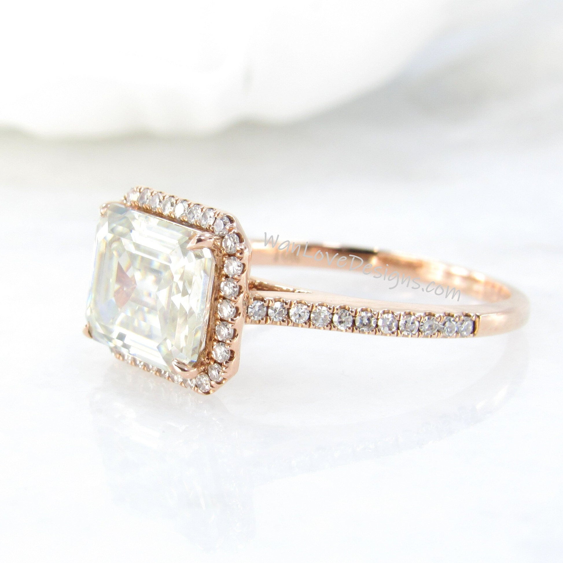 Champagne Moissanite & Diamond East West Emerald Halo Engagement Ring, 3ct Light Yellow moissanite Rose Gold bridal wedding Anniversary Gift Wan Love Designs