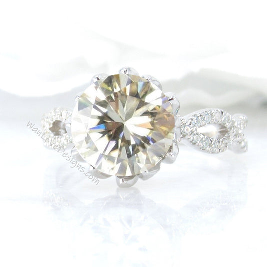 Champagne Moissanite & Diamond Lotus Flower Infinity Twisted Round Engagement Ring, 14kt 18kt Gold-Platinum-Custom-Wedding-Anniversary Wan Love Designs