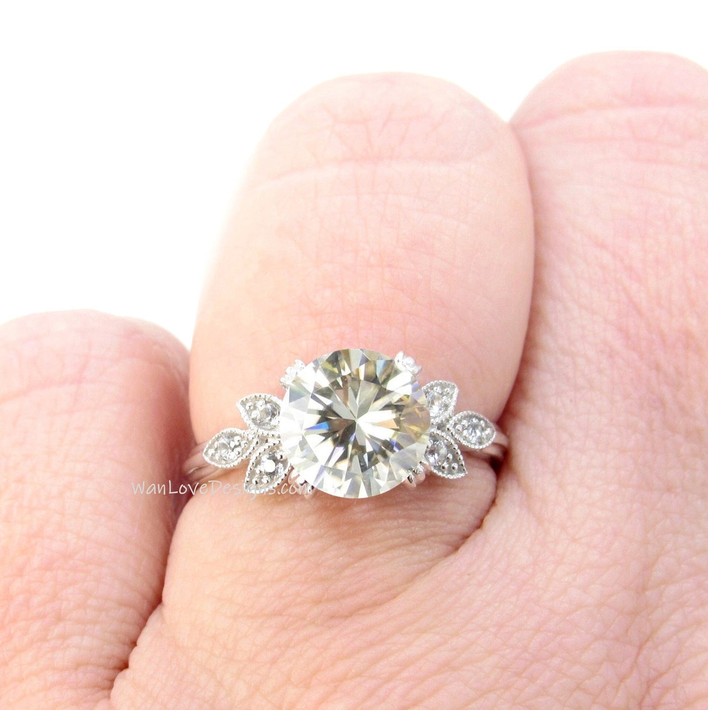 Champagne Moissanite Diamond Milgrain Leaf Engagement Ring Nature Antique Vintage style Round 2ct 8mm Custom Wedding Wan Love Designs