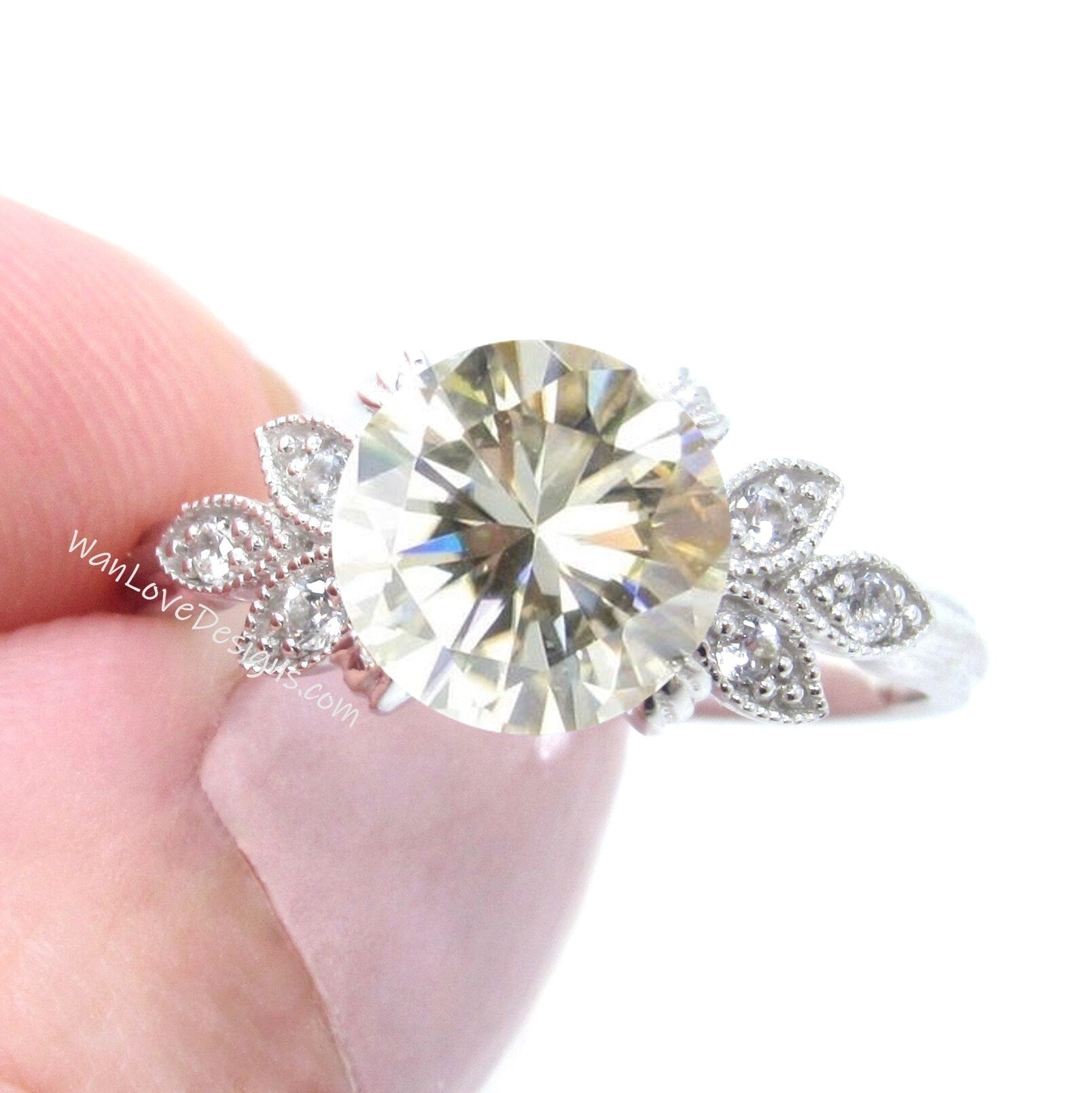 Champagne Moissanite Diamond Milgrain Leaf Engagement Ring Nature Antique Vintage style Round 2ct 8mm Custom Wedding Wan Love Designs