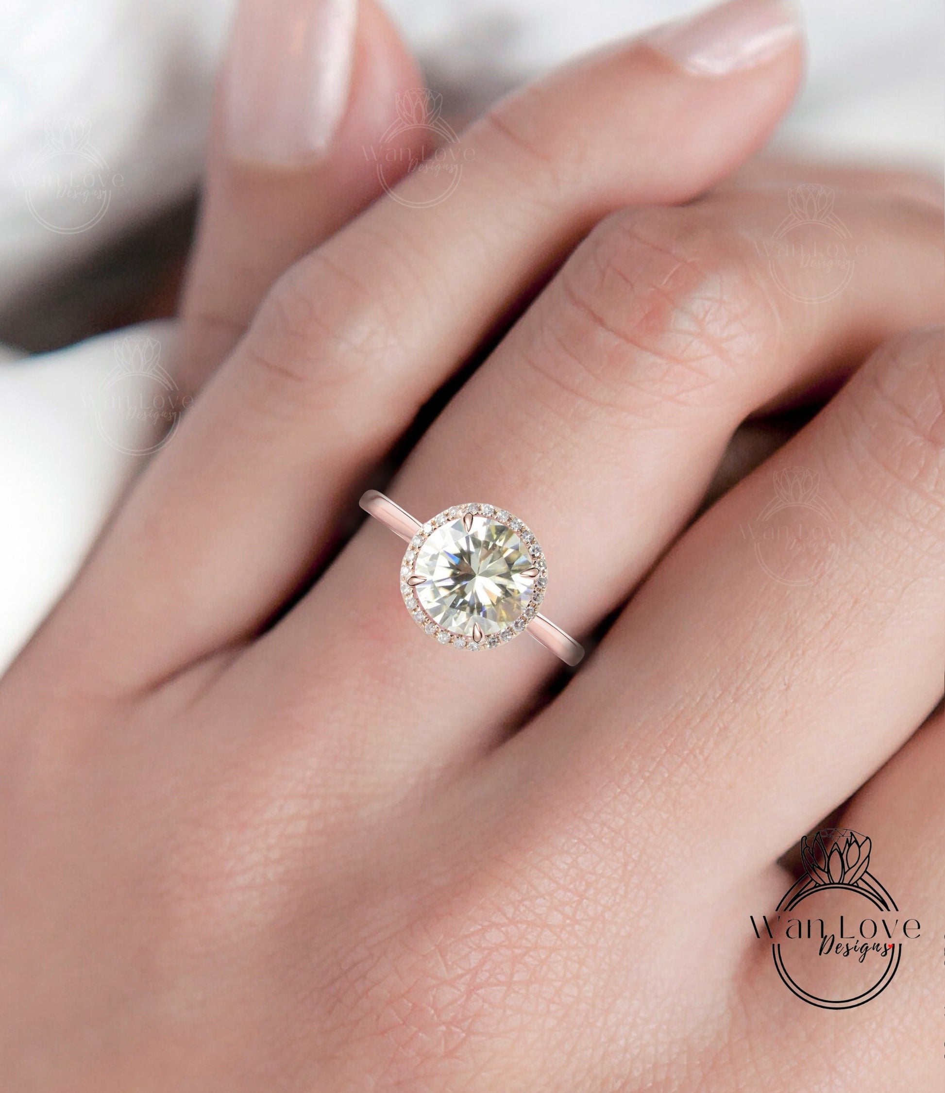 Champagne Moissanite & Diamond Round Halo Plain Band Engagement Ring Art Deco vintage Ring antique wedding bridal promise ring Wan Love Designs
