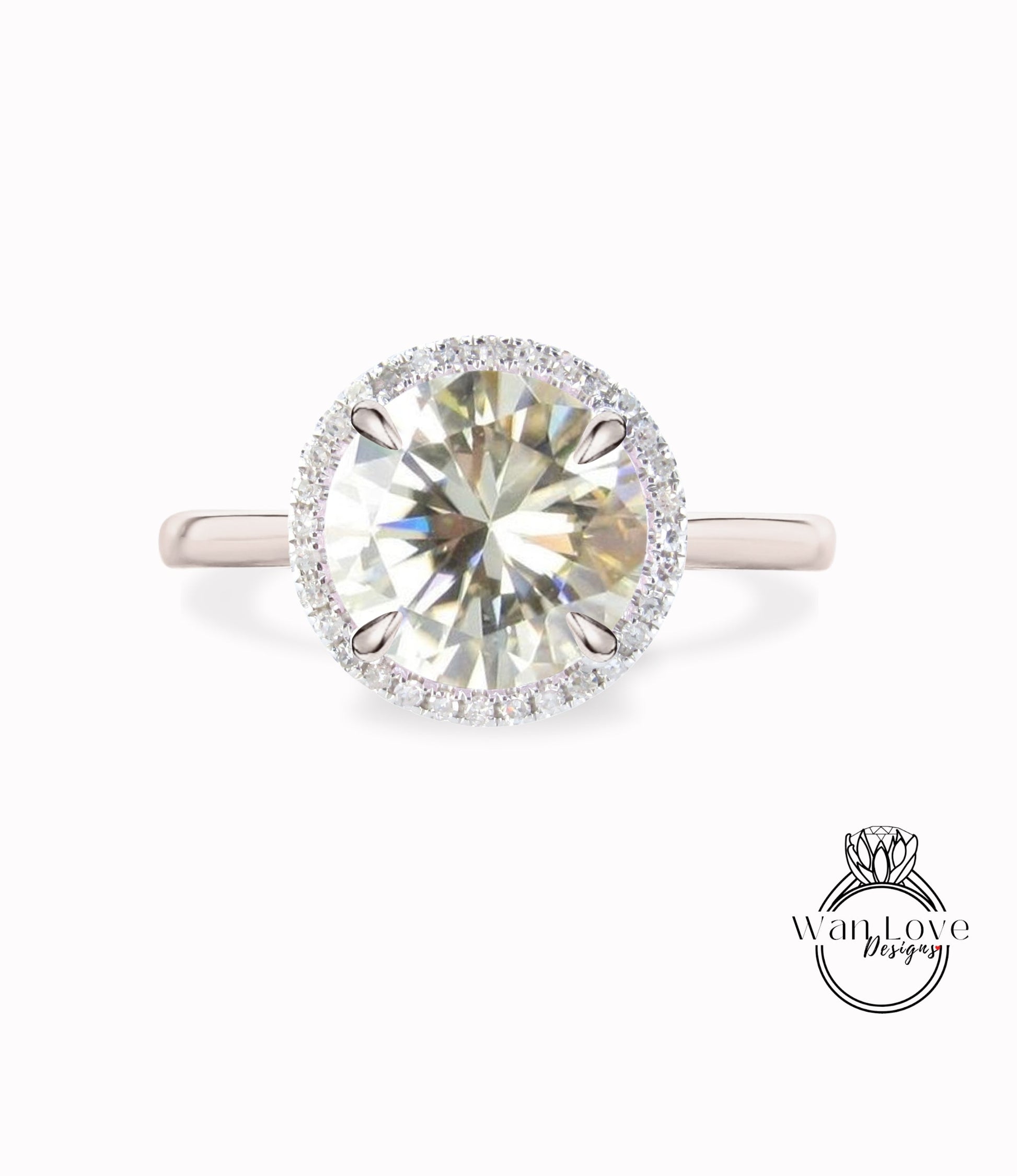 Champagne Moissanite & Diamond Round Halo Plain Band Engagement Ring Art Deco vintage Ring antique wedding bridal promise ring Wan Love Designs