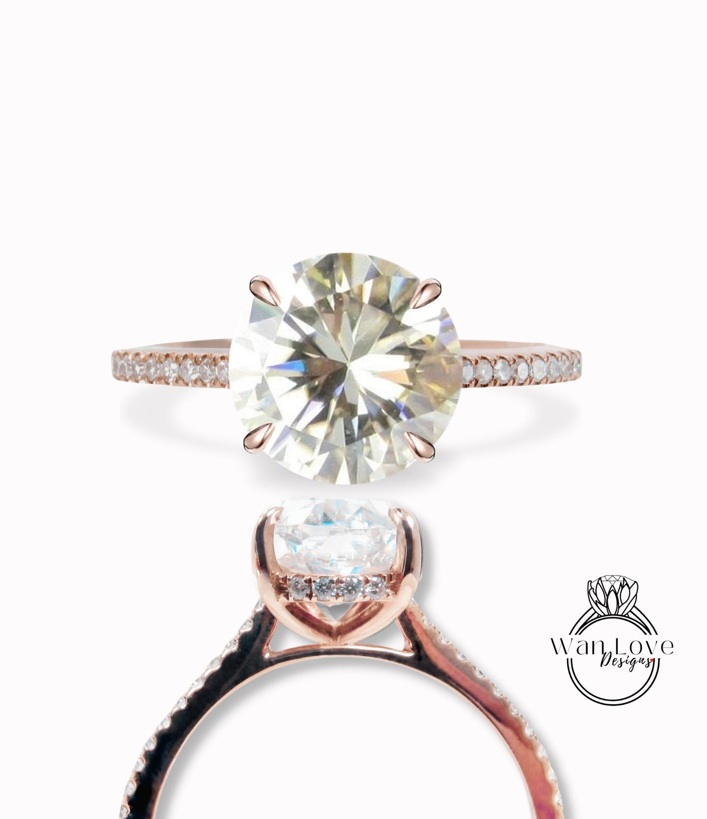 Champagne Moissanite & Diamond Side Halo Round Half Eternity Engagement Ring Art Deco vintage Ring antique wedding bridal promise ring Wan Love Designs
