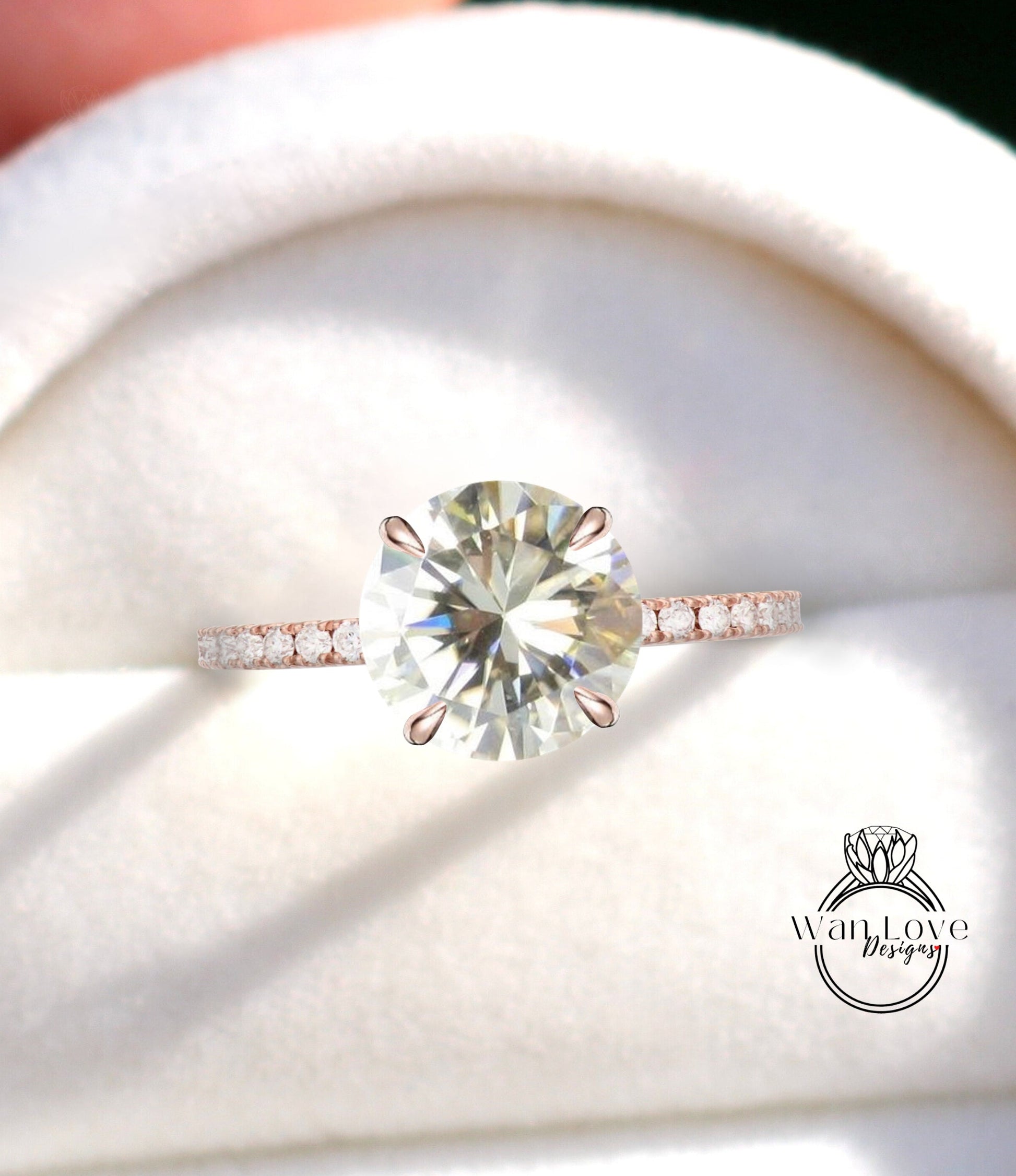 Champagne Moissanite Diamond Thin Side Halo Round Engagement Ring Almost eternity ring diamond hidden halo Bridal Anniversary promise Ring Wan Love Designs