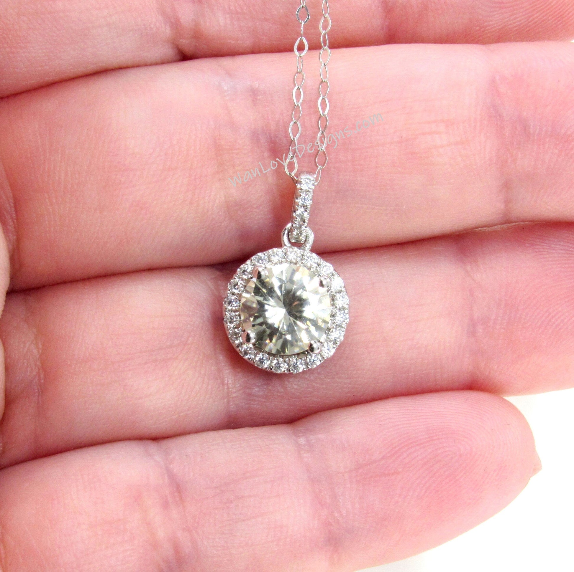 Champagne Moissanite Halo Necklace, Round cut Halo Necklace, White Gold Moissanite Halo Charm, Birthday Gift, Gift For Her, Ready-To-Ship Wan Love Designs