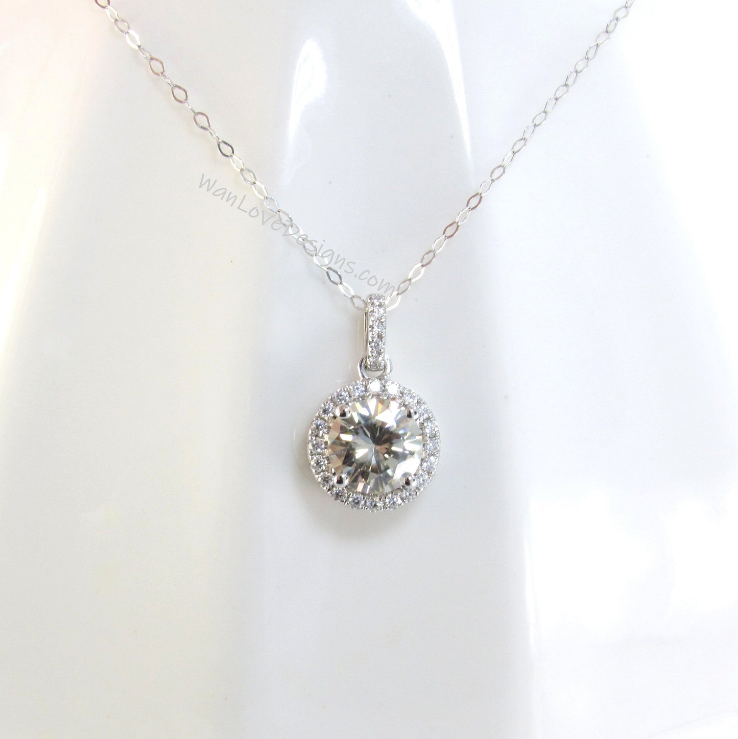 Champagne Moissanite Halo Necklace, Round cut Halo Necklace, White Gold Moissanite Halo Charm, Birthday Gift, Gift For Her, Ready-To-Ship Wan Love Designs